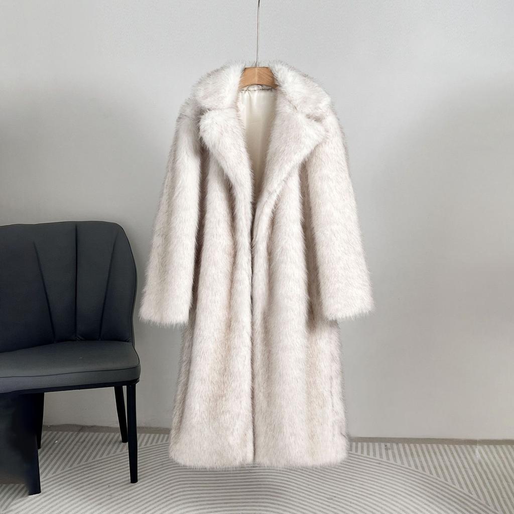 Langer flauschiger Kunstpelzmantel für Frauen Winterkleidung Verdicken Sie warme Reverskragen Plüschjacke Oberbekleidung Mantel weiblich