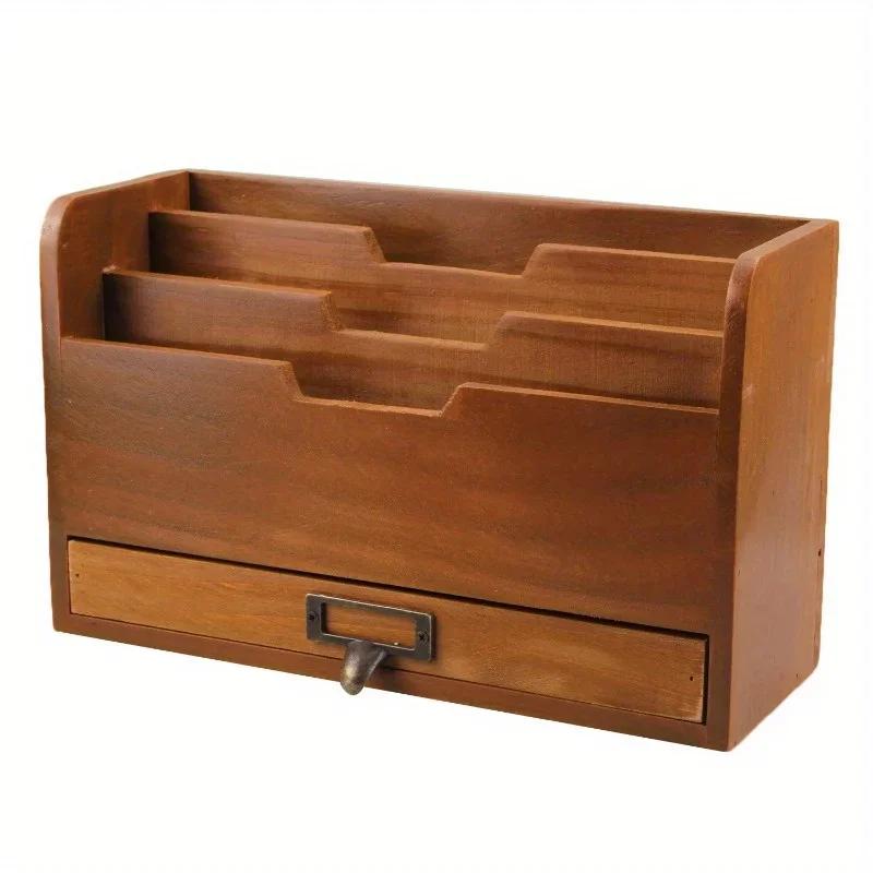 Caja de Almacenamiento de Cajón de Escritorio de Madera Vintage Multiusos para Comestibles Suministros de Oficina Caja para Clasificar Archivos Almacenamiento Caja de Madera