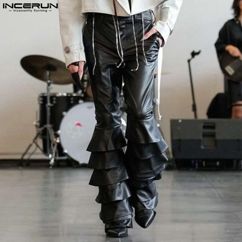 

INCERUN Men Zipper Waist Ruffled PU Leather Pants Casual Long Harem Trousers чёрный