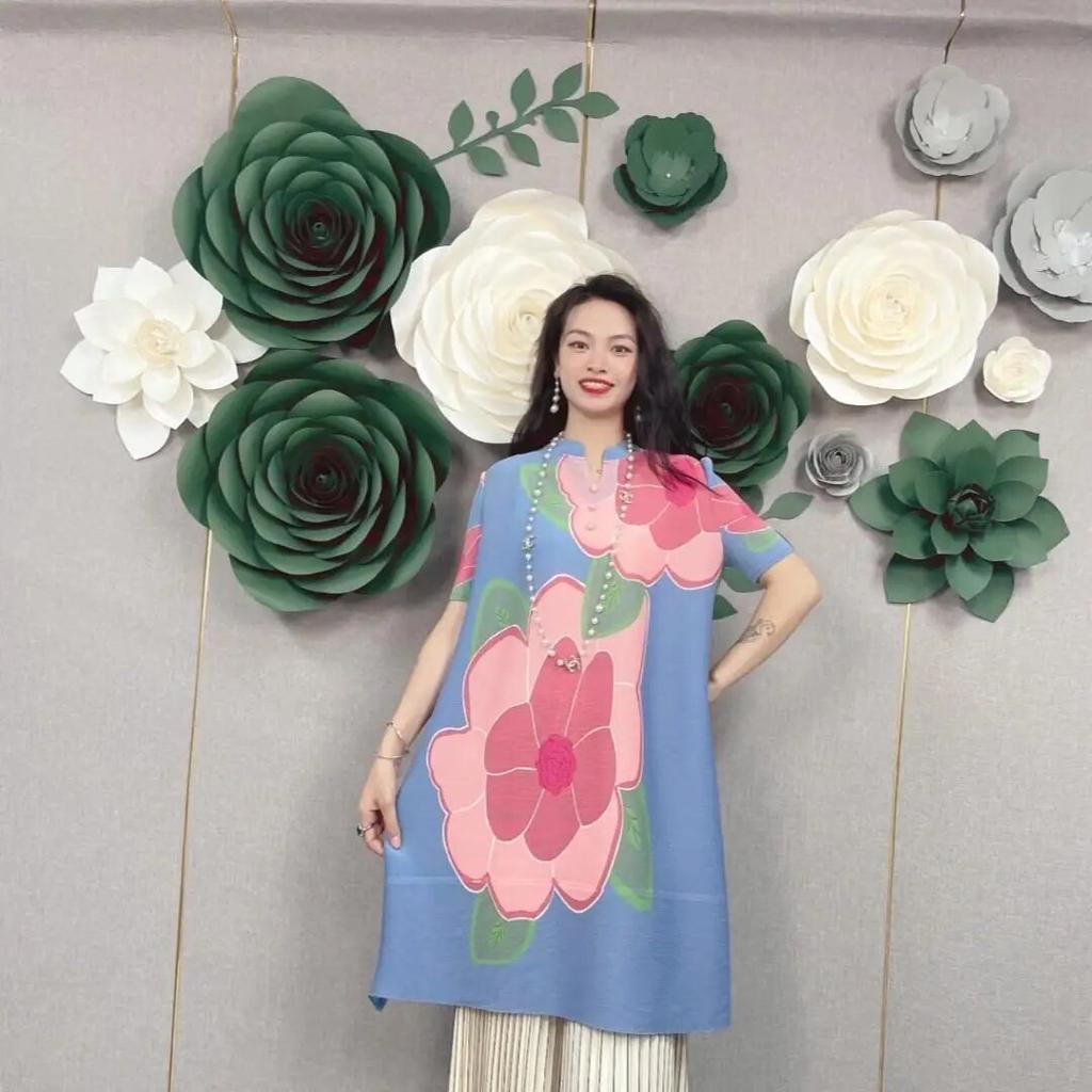 Printed Dress, Loose Standing Neck, Short Sleeved, Stylish and Pleated, New Summer Mid Length Skirt