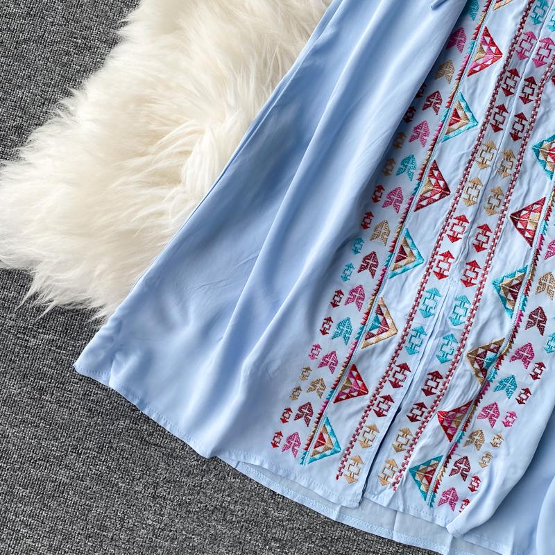 New Fashion Dress Women V Neck Contrast Color Embroidery Design Flare Sleeves A-line Long Female Dresses