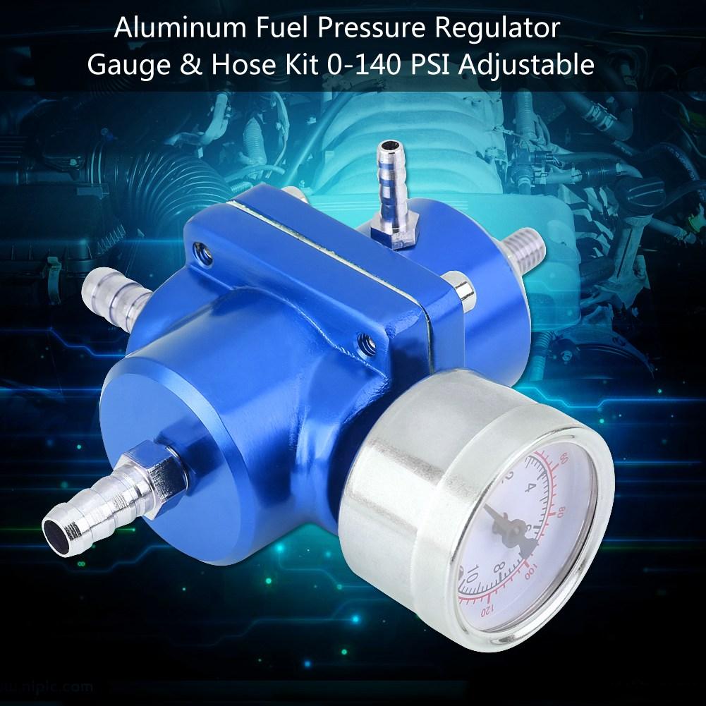 Universal Aluminum Fuel Pressure Regulator Gauge & Hose Kit 0 140 PSI Adjustable Blue