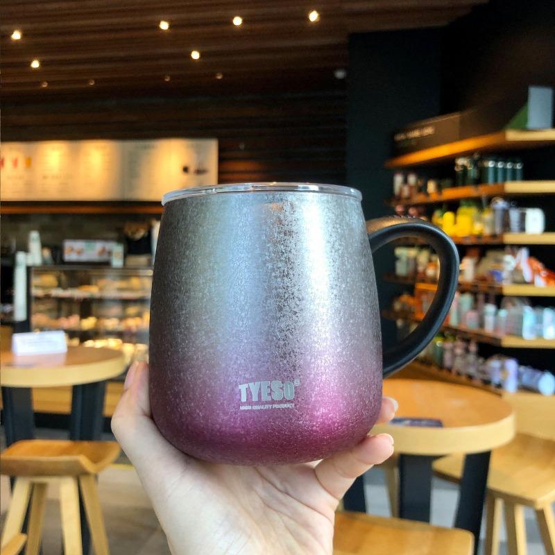 TYESO 473ml Coffee Cup Stainless Steel Thermos Big Belly Cup with Handle Transparent PP Lid Office Water Cup Mug Couple Gift dorato
