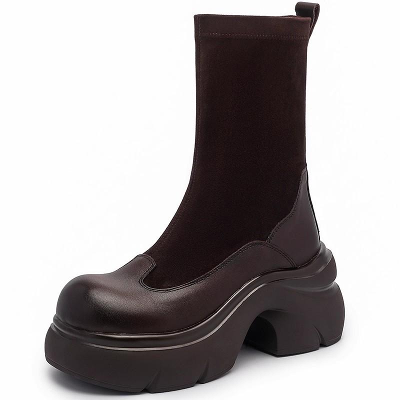 Fashion GKTINOO 2025 Autumn Winter New Retro Mid-calf Boots Genuine Leather Comfortable Thick Soled British Stretch Boots Women's Shoes