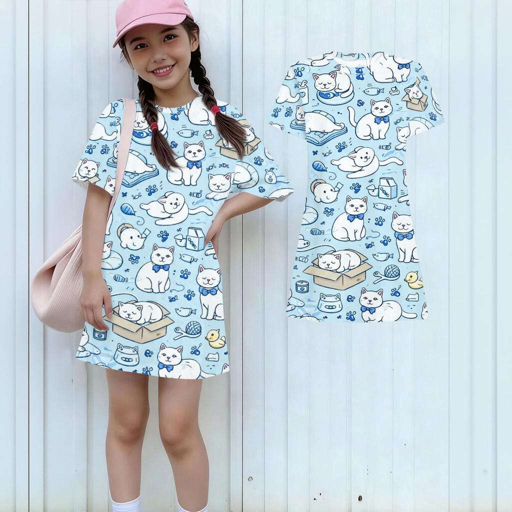 Girls Print Casual Dress Kids Loose Round Neck Short Sleeve Thin Sundress