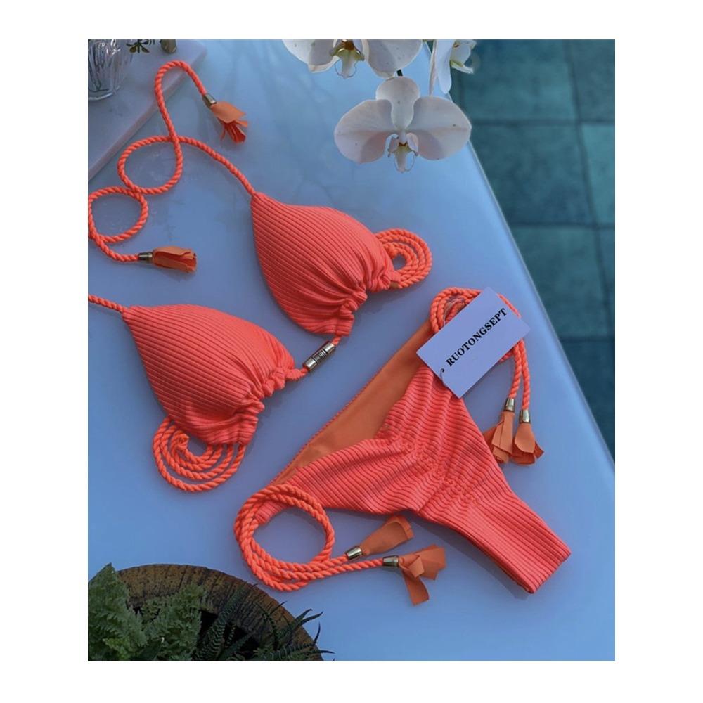 Costum de baie european și american geantă triunghiulară sexy pentru femeie Split Culoare uni Bikini sexy cu frânghie împletită multicoloră