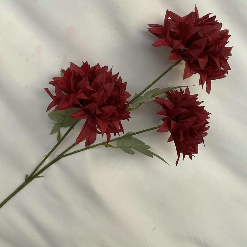 

Head 3 Chrysanthemum Bouquet For Aisle Design Wedding And Home Decoration Gift Dark Red