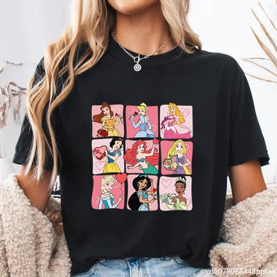 Dámske nové módne tričko s potlačou vzoru Disney princezien, ležérne roztomilé kreslené dámske tričko