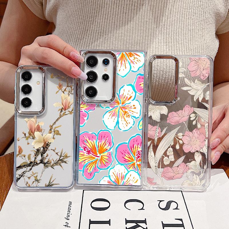 Flowers Fruits Print Case For Samsung S26 S25 Ultra S24 S23 S22 S21 FE A15 A35 A55 A16 A26 A36 A56 A17 A37 A57 5G Plating Lens Clear Soft Cover