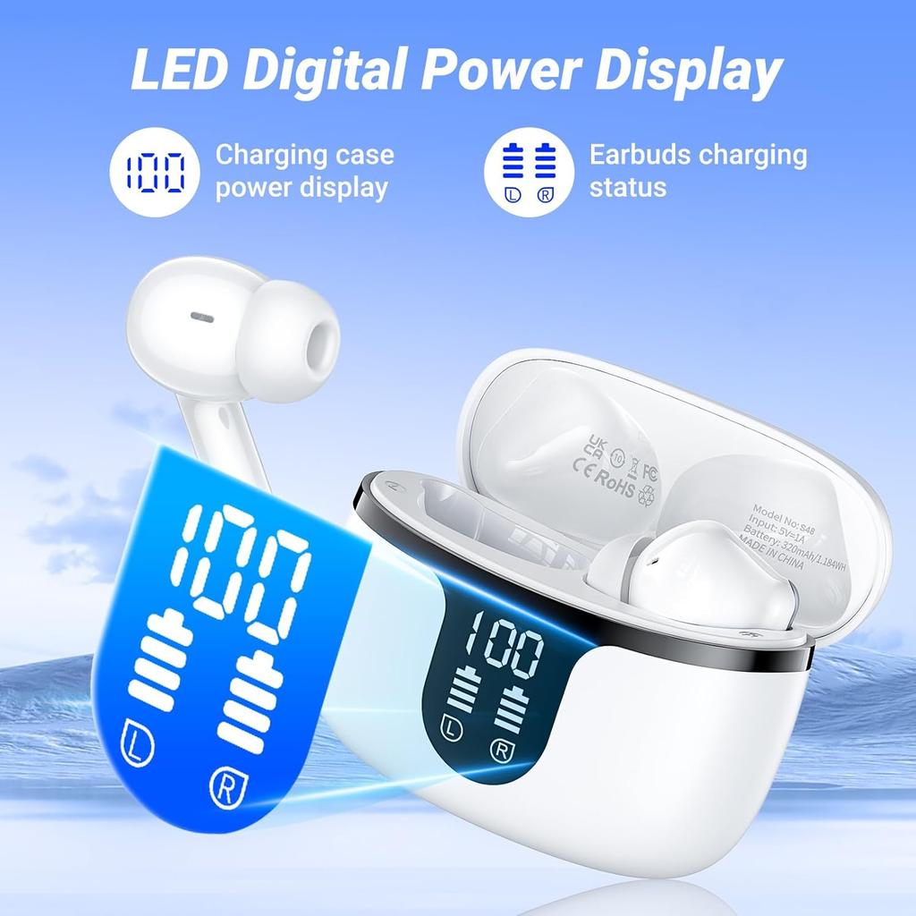 Wireless Earbuds Bluetooth 5.4 Headphones Bass Stereo, Ear Buds Noise Cancelling Mic IP7 Waterproof in Ear Earphones 36Hrs Headset for for Android iOS