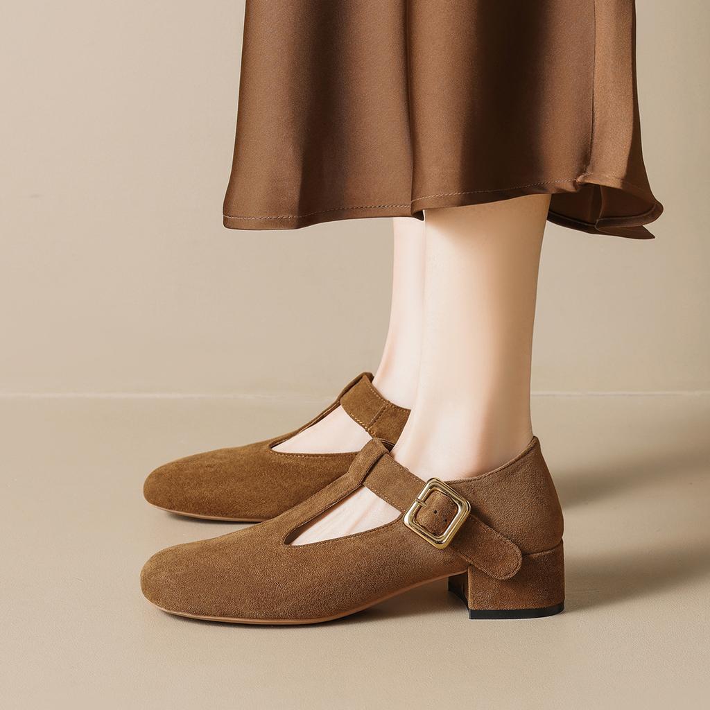 New Model5728-1 Suede Vintage Mary Jane Shoes Women'S Spring And Autumn Coarse Heel Round Head Single Shoes Women'S