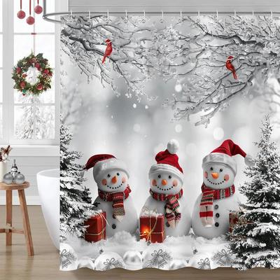 Winter Christmas Shower Curtain for Bathroom, Cute Snowman Snowflake In Grey Winter Snow Forest Holiday Shower Curtains Decor