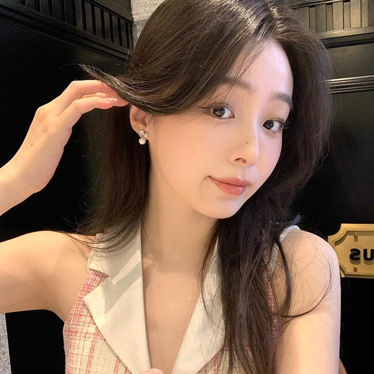 S925 Argint Needle Light Nișă de lux Cercei cu fundă cu zirconiu pentru femei Cercei cu perle premium Cercei