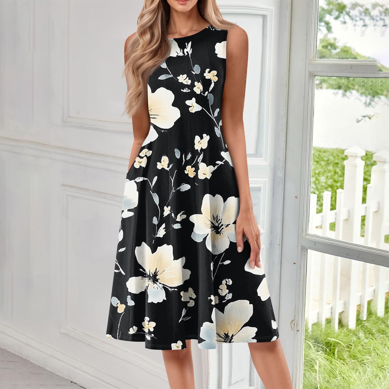 

Женское повседневное модное платье миди с цветочным принтом и круглым вырезом без рукавов XXL бежевый