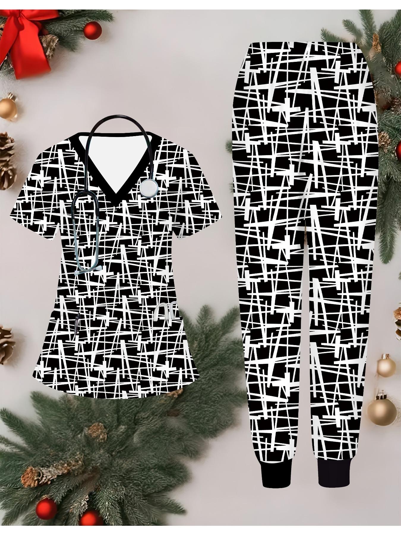 

Женский комплект медсестры с 3D геометрическим принтом, короткий рукав, длинные брюки с карманом, повседневный модный рождественский подарок S чёрный