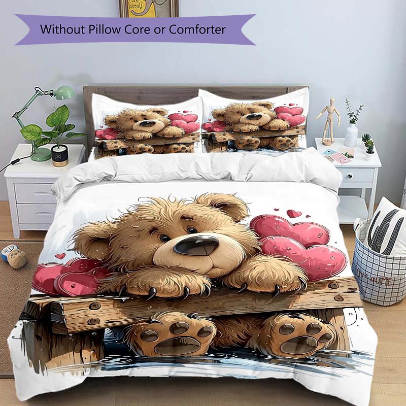 3pcs Anime Teddy Bear Bedding Set - Includes One Quilt Cover and Two Pillowcases (No Core) - Polyester Fabric - Perfect for Bedroom and Gues