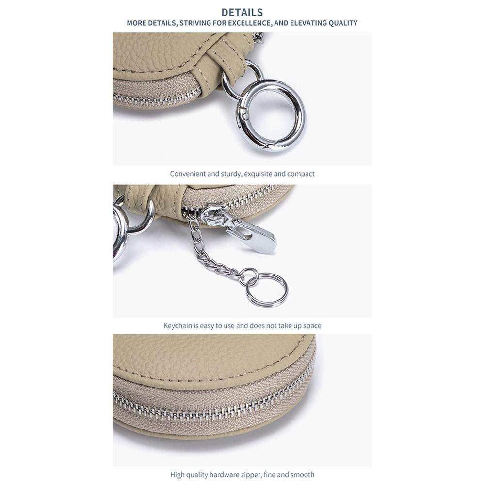 Genuine Leather Coin Purse Bag Pendant Decor With Mirror Round Wallet Keychain Zipper Closure Lipstick Storage Bag Bluetooth