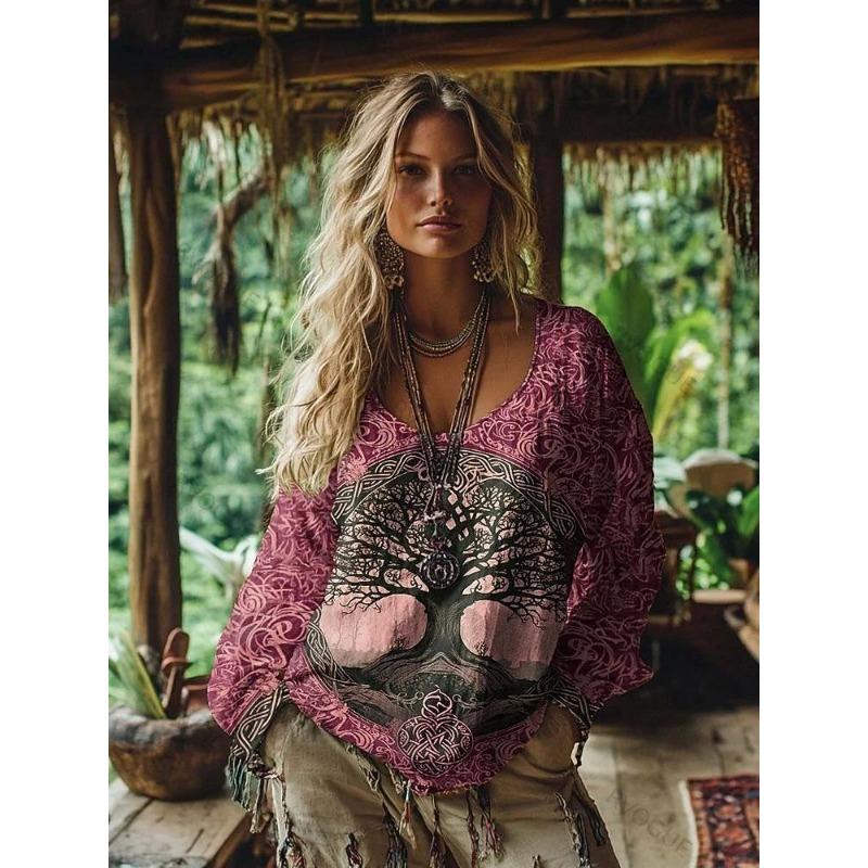 Women's Boho T-shirt Graphic Geometric Elegant Bohemia Vintage Long Sleeve V Neck Regular Tops Daily Weekend