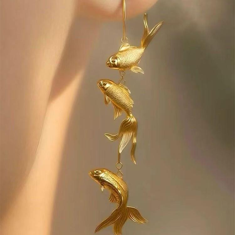 New Chinese Gold Koi Earrings, Retro National Style Three-dimensional Goldfish Fringed Long Cheongsam Horse Face Skirt Earrings Accessories