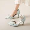Fairy style bag head sandals female thin heel pointed high heels summer new pearl bow versatile hollow shoes