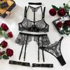 New Lace Embroidered Metal Buckle Sexy Lingerie Set Women's See-through Push Up Erotic Costume Fantasy Intimate Fancy Exotic Set