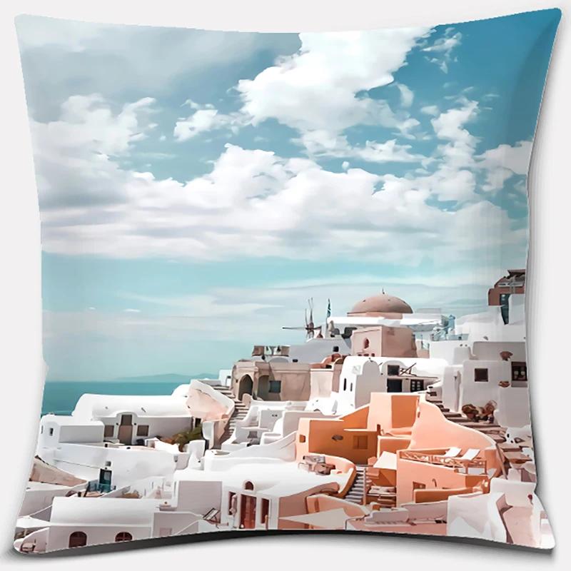 45x45cm Nordic Blue and White Castle Scenery Pillowcase Comfortable Sofa Seat Cushion Cover Hotel Home Decor Embrace Pillowcase