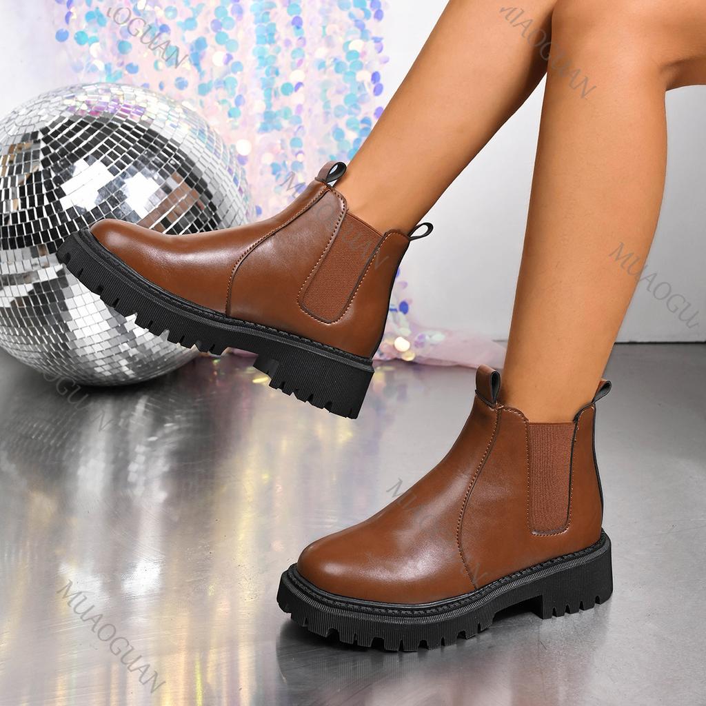 Fashion Women's Solid Color Platform Chelsea Boots Slip On Soft Sole Pu Leather Ankle Boots Woman Comfortable Autumn Winter Botas Mujer