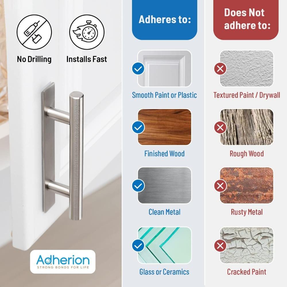 Adhesive Cabinet Handles 5" | No Drilling Stick On Handle for Drawers Doors Wardrobes Windows | 3M Adhesive | 4 Pack Brushed Nickel All Metal Handles