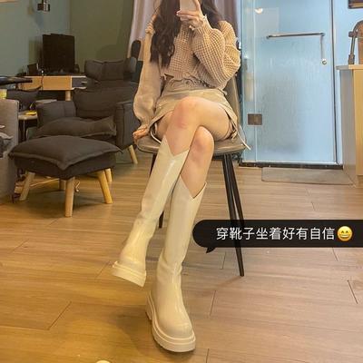 Internet Celebrity Skinny Boots Women Thick-soled Knee Knight Boots 2025 Autumn and Winter New Tall White V-mouth Chelsea Boots