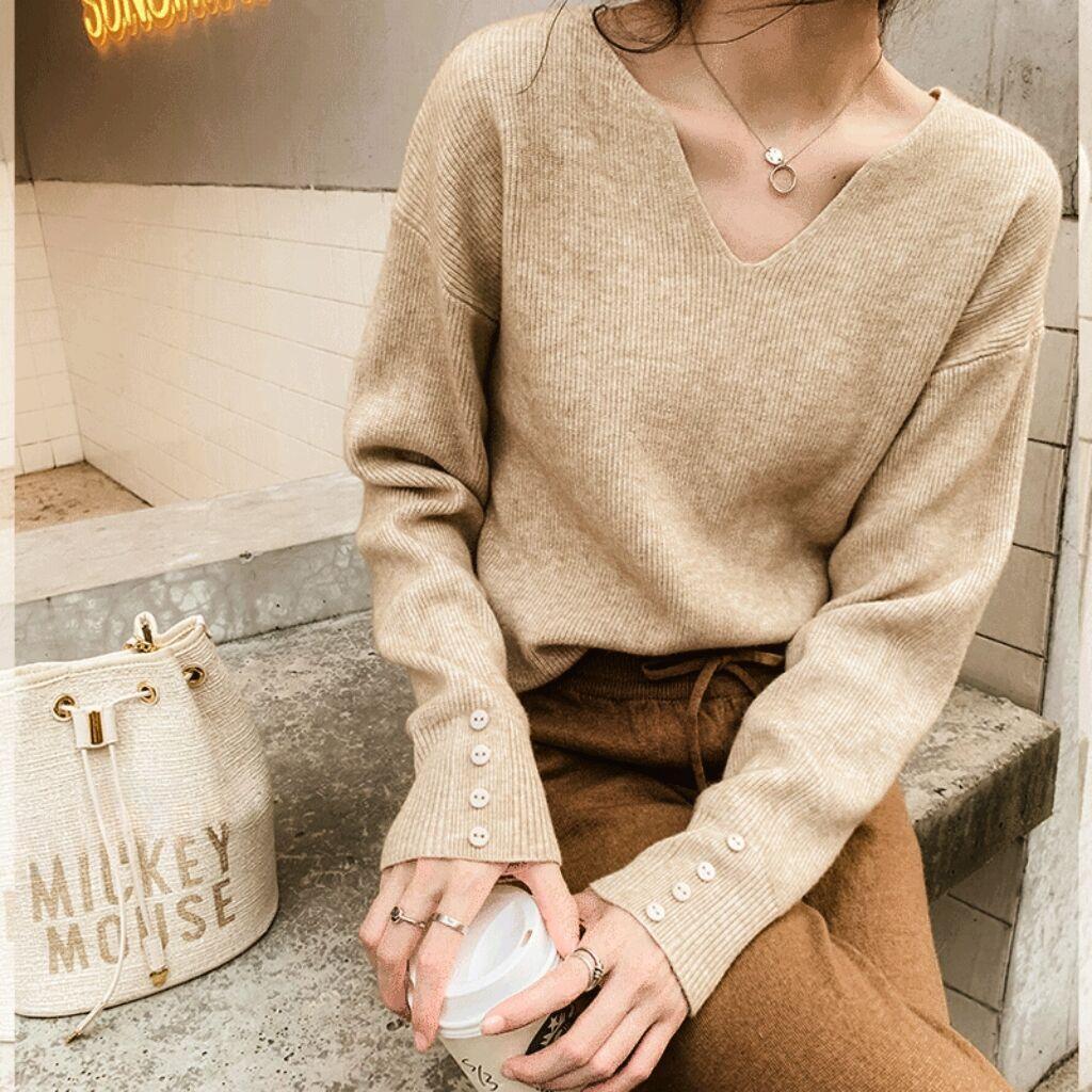 Svetr s výstřihem do V jednobarevný pro ženy s dlouhým rukávem s volnou pleteninou uvnitř pulovr ležérní tenký podzimní a zimní svetr