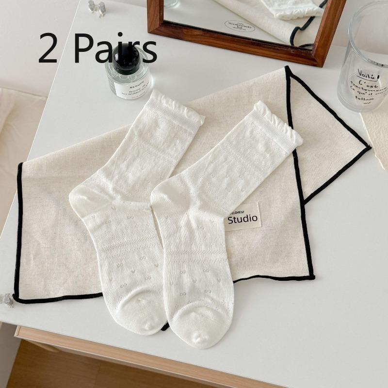 2 Pairs Mesh Breathable White Pile Socks with Lace Trim and Openwork Design, Lightweight and Sweet Mid-calf Length Socks