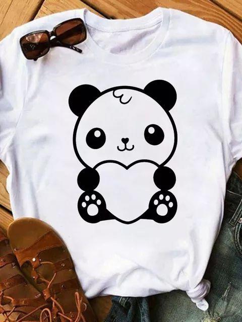Maycaur Sommer Damen T-Shirt Lockere Oberteile Niedlicher Panda Herz Druck Kurzarm Weiblich Locker Lässig T-Shirt Damen Oberteil Tee