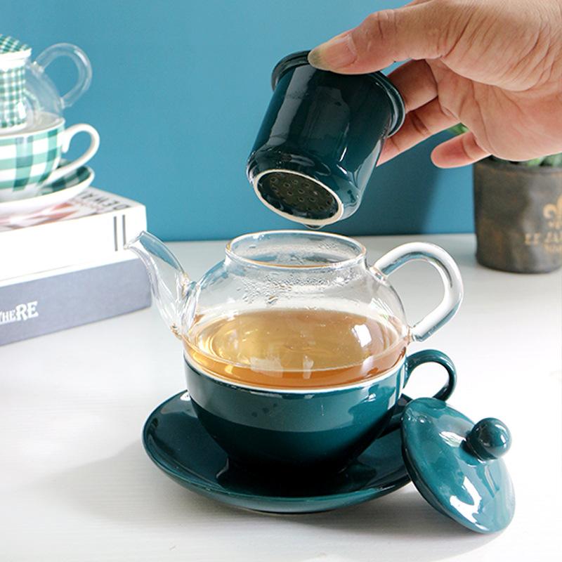 Ceramic Tea for One Set Checkered Design Glass Teapot Fine Bone China Saucer Teacup Tea Strainer Infuser Teaware with Gift Box