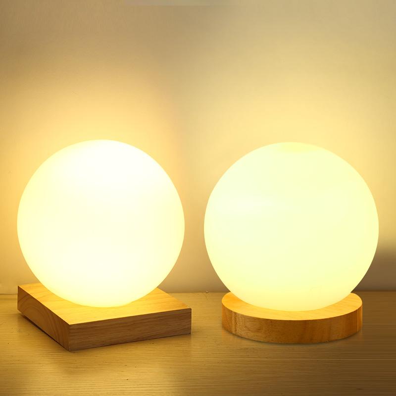 Einfache Glaskugel Tischlampe LED Wohnzimmer Arbeitszimmer Wohnkultur Beleuchtung Holz Kleine runde Schreibtischlampe Schlafzimmer Nachttisch Nachtlicht