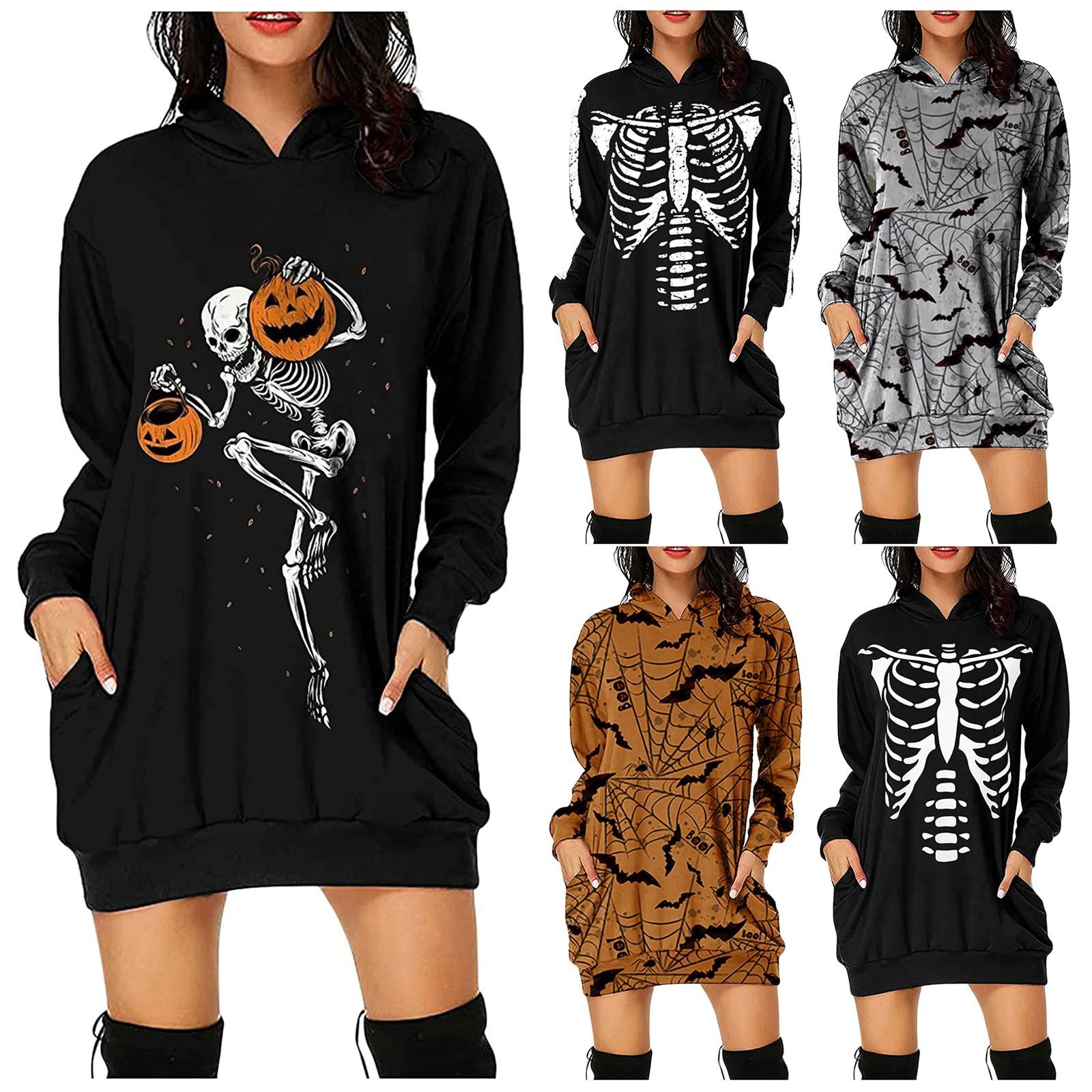 

Модное женское платье-толстовка с капюшоном и длинным рукавом с принтом на Хэллоуин