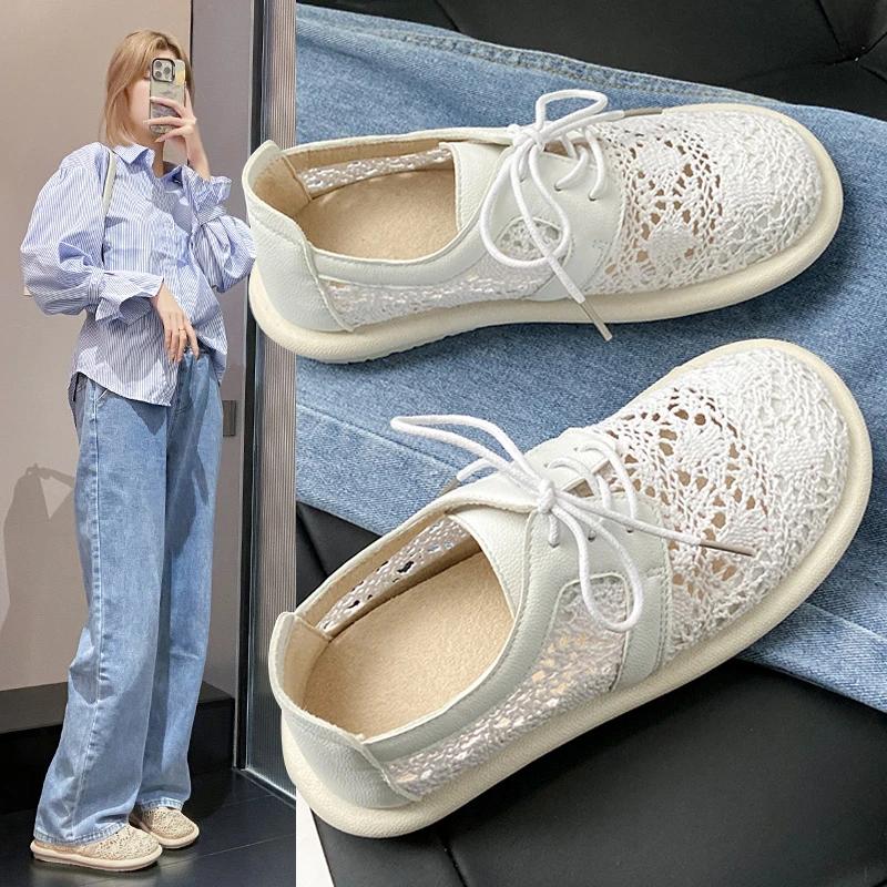 Fashion 2025 Artistic Cotton Linen Lace Mesh Women's Shoes Summer Beach Shoes Bohemian Single Small White Shoes