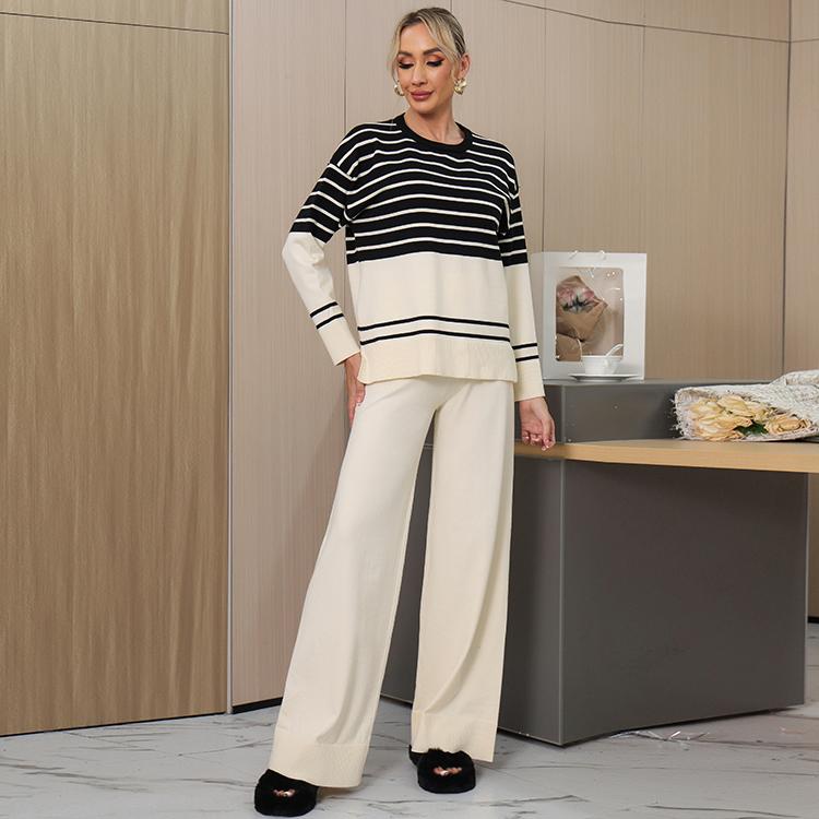 Otoño Invierno Mujer Casual Rayado Punto Suéter Pantalón Conjunto de Dos Piezas Manga Larga Jersey Tops y Pantalón de Pierna Ancha Chándal