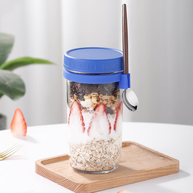 Overnight Oat Cup Transparent Glass Mason Cup Simple Portable Cereal Cup with Spoon Lid Yogurt Graduated Cup