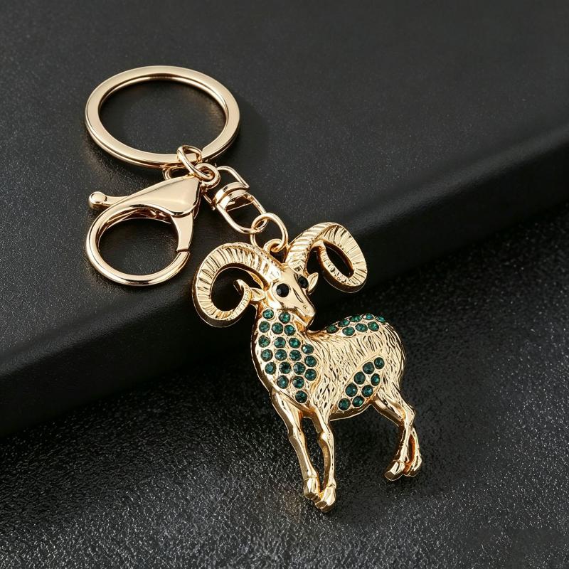 Golden Bighorn Sheep Rhinestone Inlaid Keychain Sturdy Clasp Lightweight Key Ring for Car Key Purse Bag Ornament