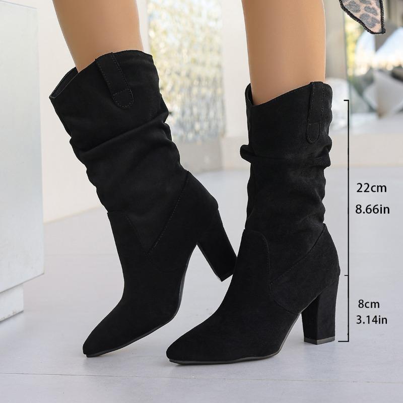 Women's Pointed Toe Slouchy High Heel Fashion Boots, Suede Chunky Heel Ankle Boots, Plus Size Winter Shoes