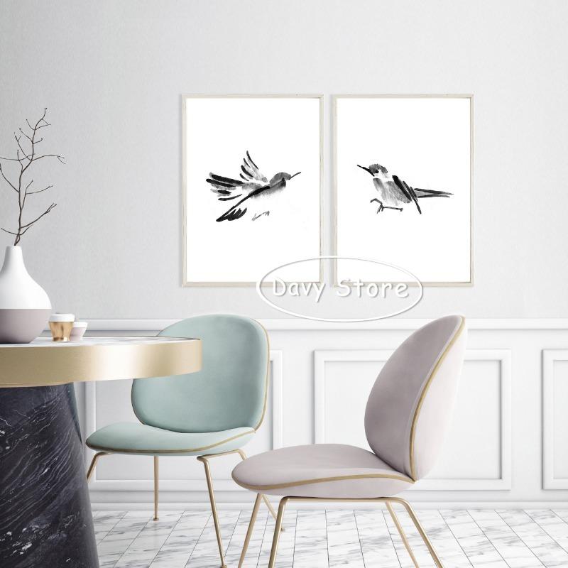 Japanese Style Watercolour Bird Prints Black and White Bird Poster Canvas Painting Wall Art Picture for Living Room Home Decor