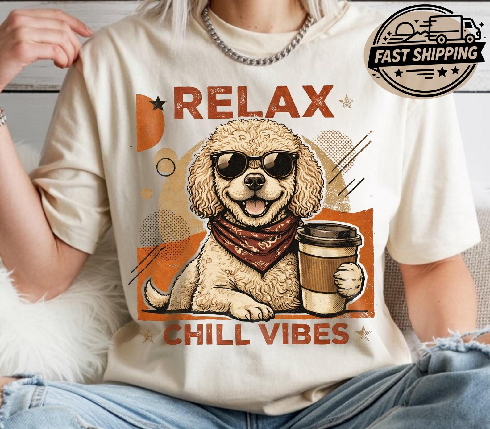 Relax Chill Vibes Dog Shirt, Funny Goldendoodle Tee, Coffee Lover Dog Shirts, Comfort Colors Cute Puppy T shirt XL