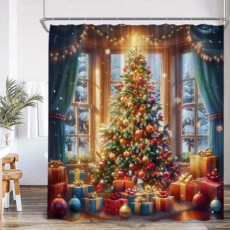 Cortină de duș de Crăciun Brad Cadouri Pădure de iarnă Cedru Natură Peisaj Agățat de perete pentru casă Cortine de baie din material textil Decor