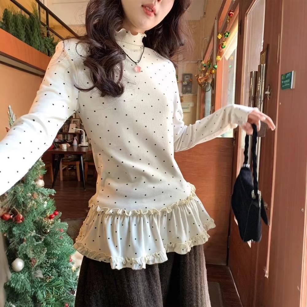 Korean Sweet Slimming Polka Dot Ruffle Top: Women's Long-Sleeve, Half-High Collar, Spring Collection.
