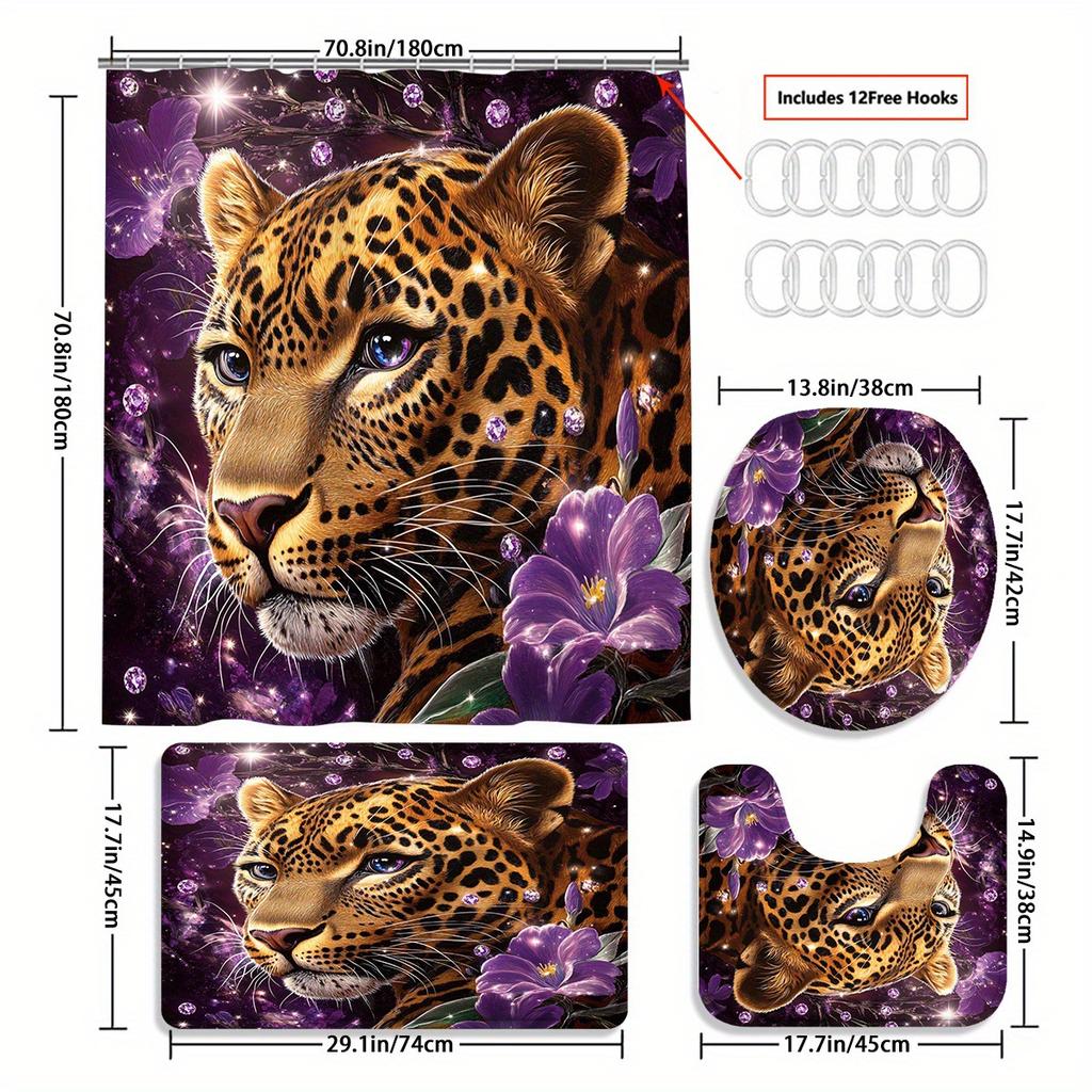 4-Piece Modern Simple Leopard And Flower Pattern Shower Curtain Set Bathroom Curtains, Bathroom Decorative Shower Curtains, Floor