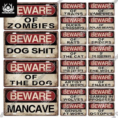 Putuo Decor Beware Licenses Plate Meatl Sign Plaque Metal VintageTin Sign for Man Cave Living Room Door Club Home Wall Decor