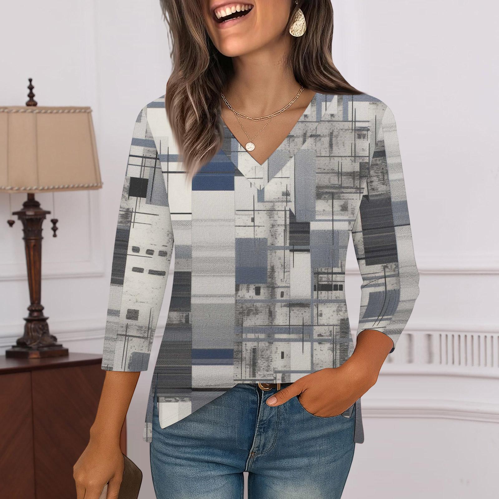 

3/4 Sleeve Shirts For Women Print Graphic Tees Blouses Casual Plus Size Basic Tops Pullover XXXL хакі