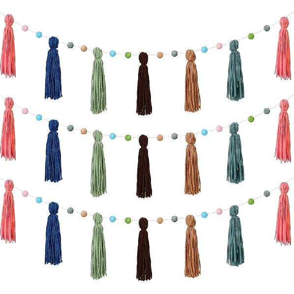 Syhood 3 Pcs Colorful Boho Tassel Garland Rainbow Pom Pom Each 50'' Colorful Tassel Garland Classroom Decoration Boho Banner for Kid Nursery Wall