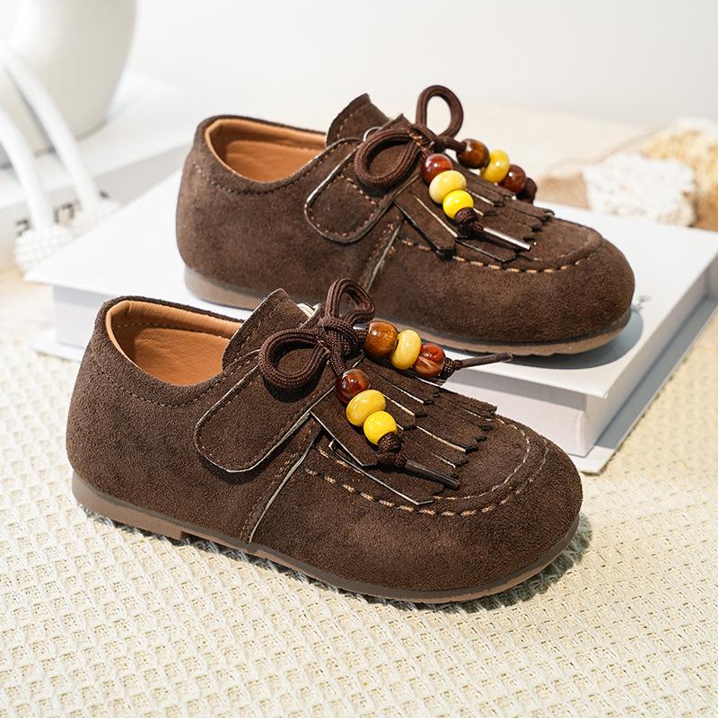2026 Stilvolle Lederquasten-Prinzessinnenschuhe für kleine Mädchen - Frühling/Herbst Weiche Sohle Bohnenschuhe