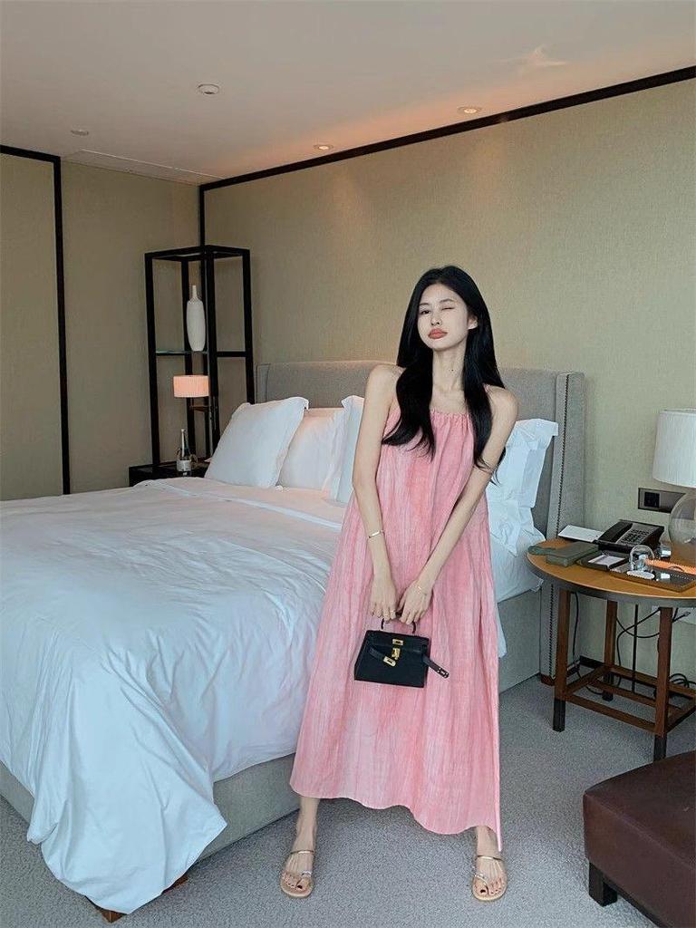 Pink Women's Halter Neck Suspender Long Skirt - Summer Beach Vacation Dress